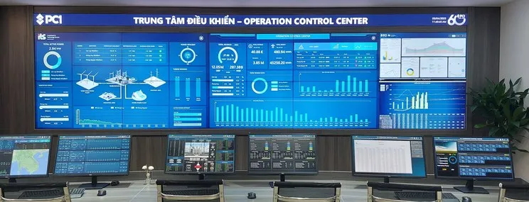 Video wall of an operations control center showing plant dashboards